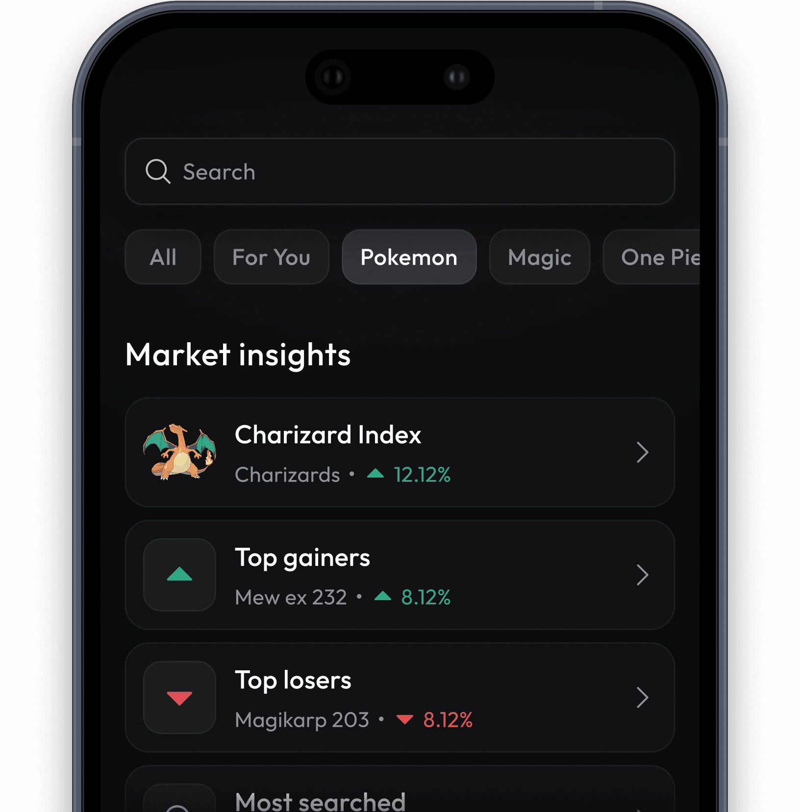 Market insights screen showing indexes, top gainers, losers, and search