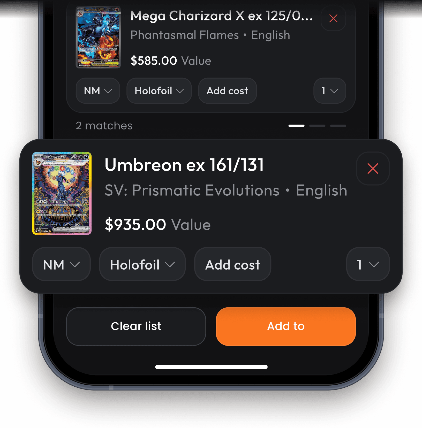 Scan results showing matched cards ready to organize into collections