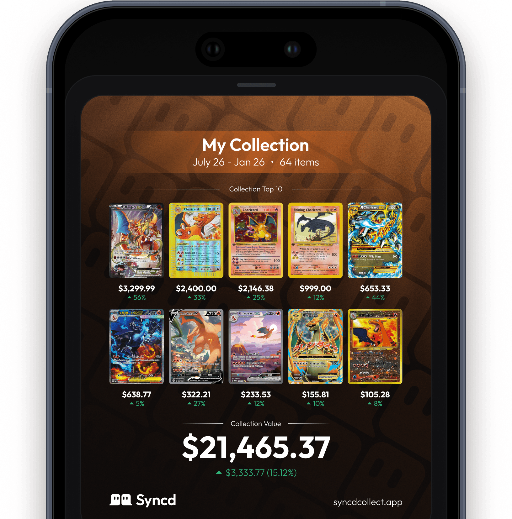 Phone showing a shareable collection visual with top cards and total value